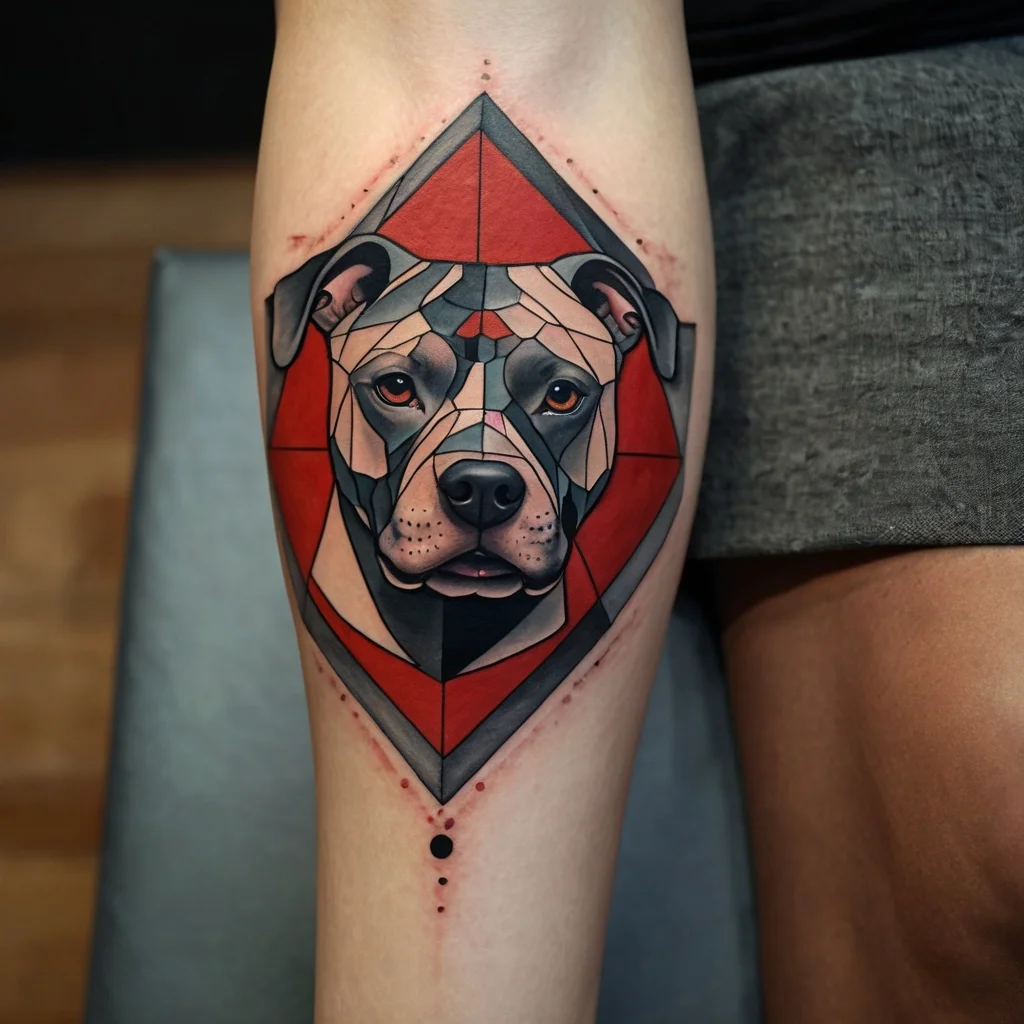 Geometric dog tattoo with bold red and black shapes, featuring a stylized dog's face within an intricate polygonal pattern.