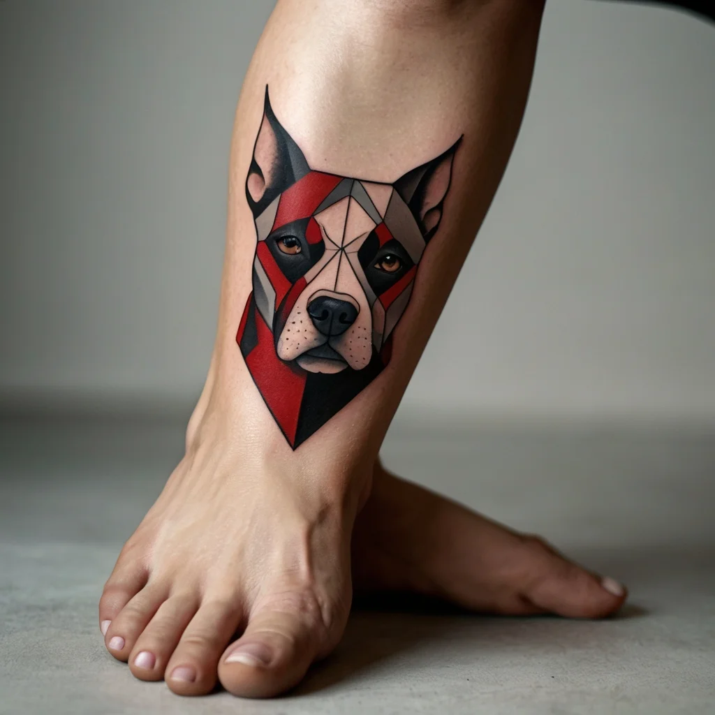 Geometric dog tattoo on leg, featuring bold red and black shapes with sharp lines, creating a modern, polygonal design.