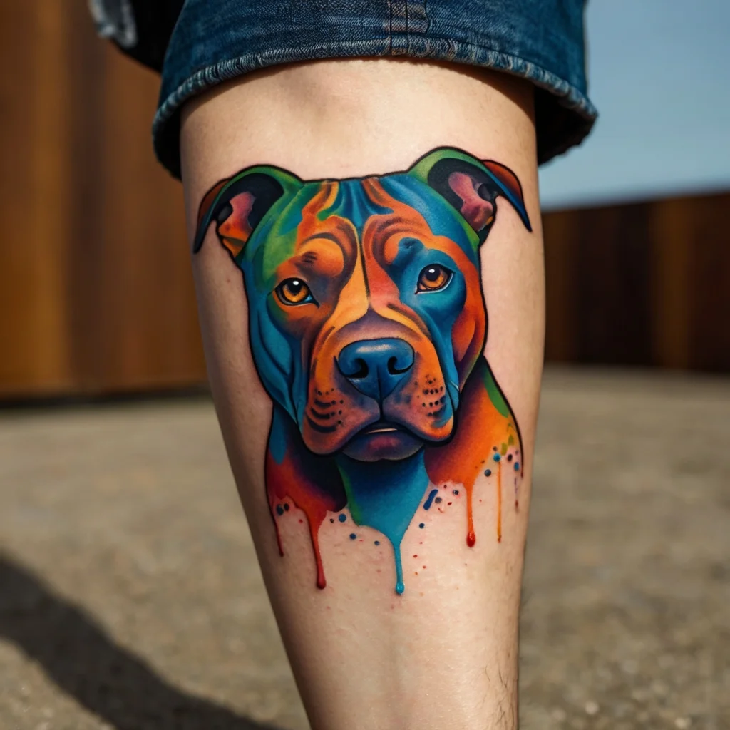 Colorful pit bull tattoo with vibrant shades of blue, orange, and green, featuring a dripping paint effect.