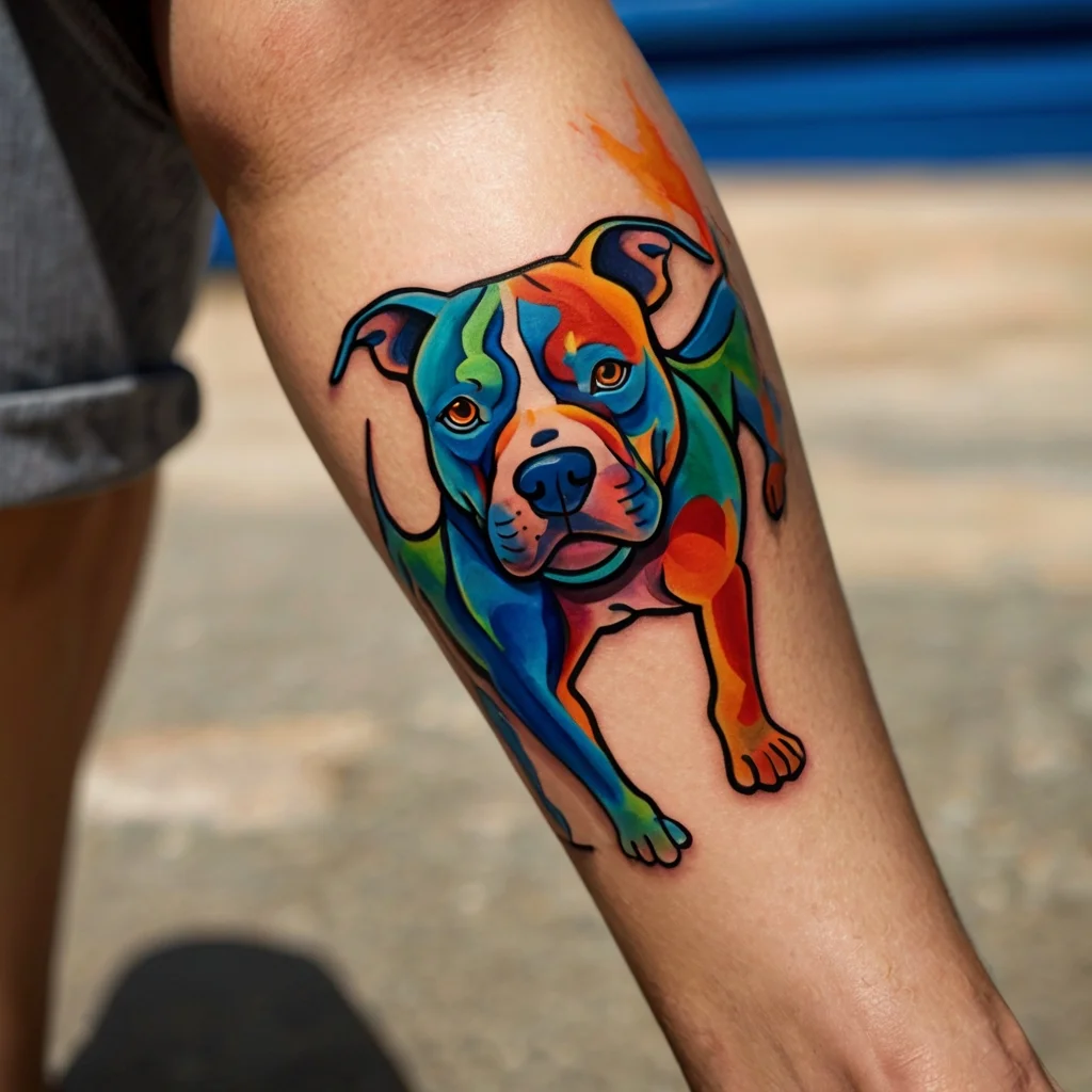 Colorful geometric pit bull tattoo on forearm, blending vibrant blues, greens, and oranges for a bold, dynamic effect.