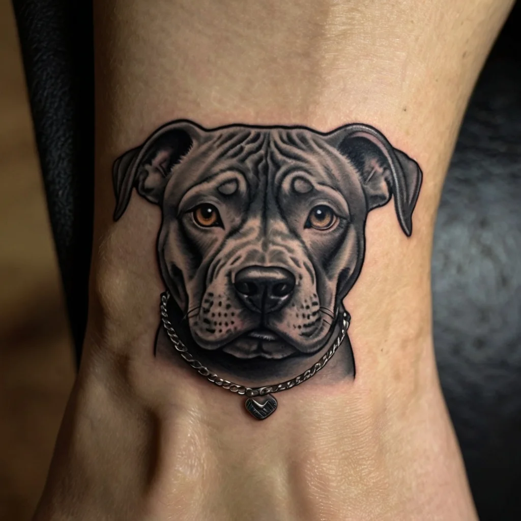 Realistic portrait tattoo of a pit bull with a detailed chain collar and heart pendant, showcasing its expressive gaze.