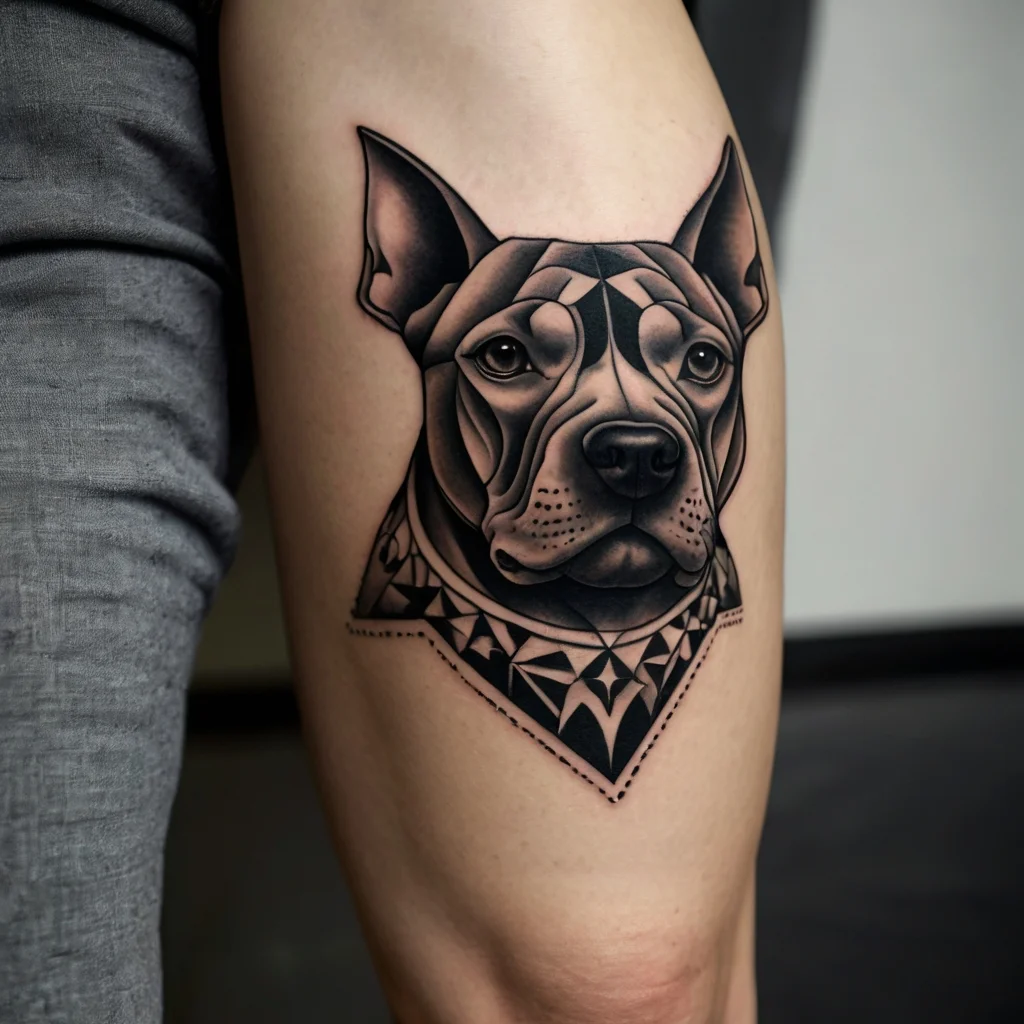 Geometric dog tattoo with intricate shading, featuring symmetrical patterns creating a bold, realistic effect on the arm.