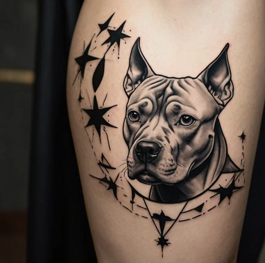 Realistic pit bull portrait with geometric stars and line details, symbolizing loyalty and strength.