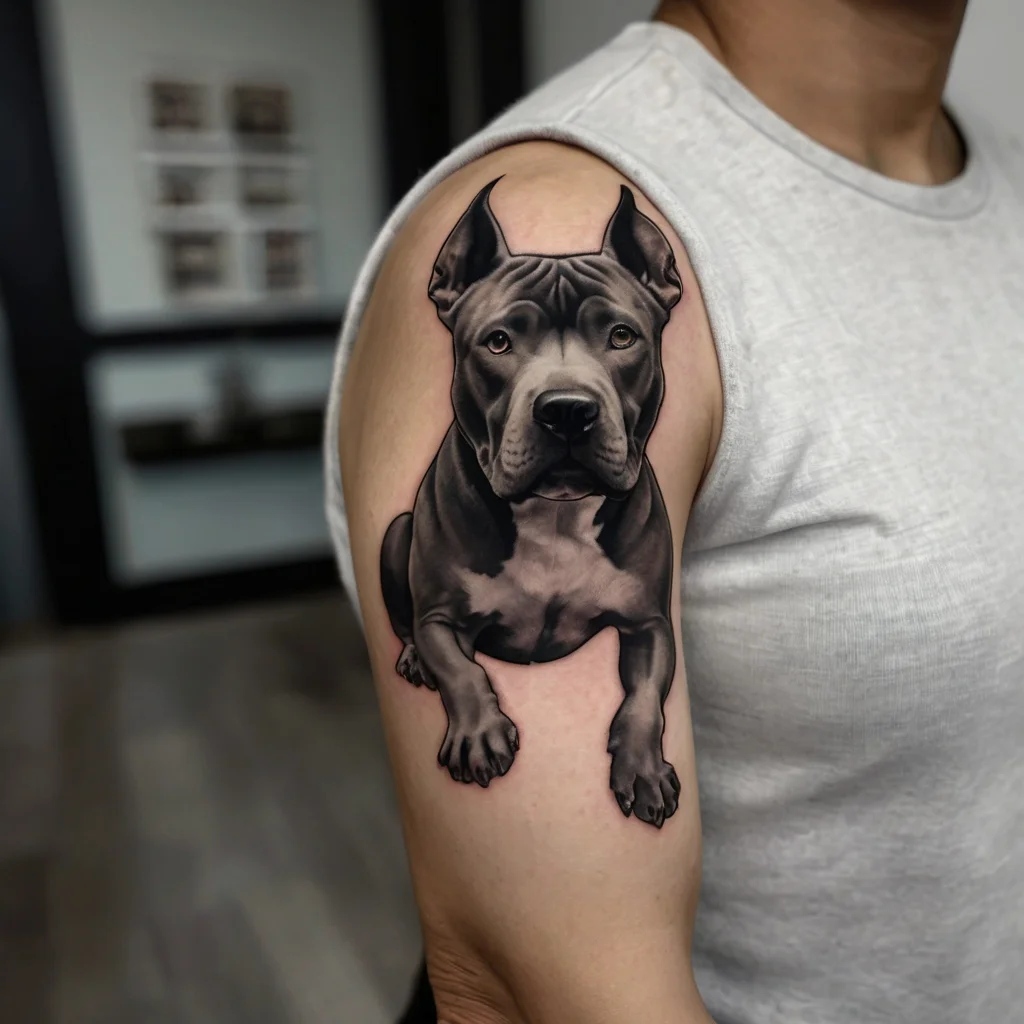 Realistic black and gray tattoo of a muscular dog on an arm, showcasing detailed shading and lifelike expression.