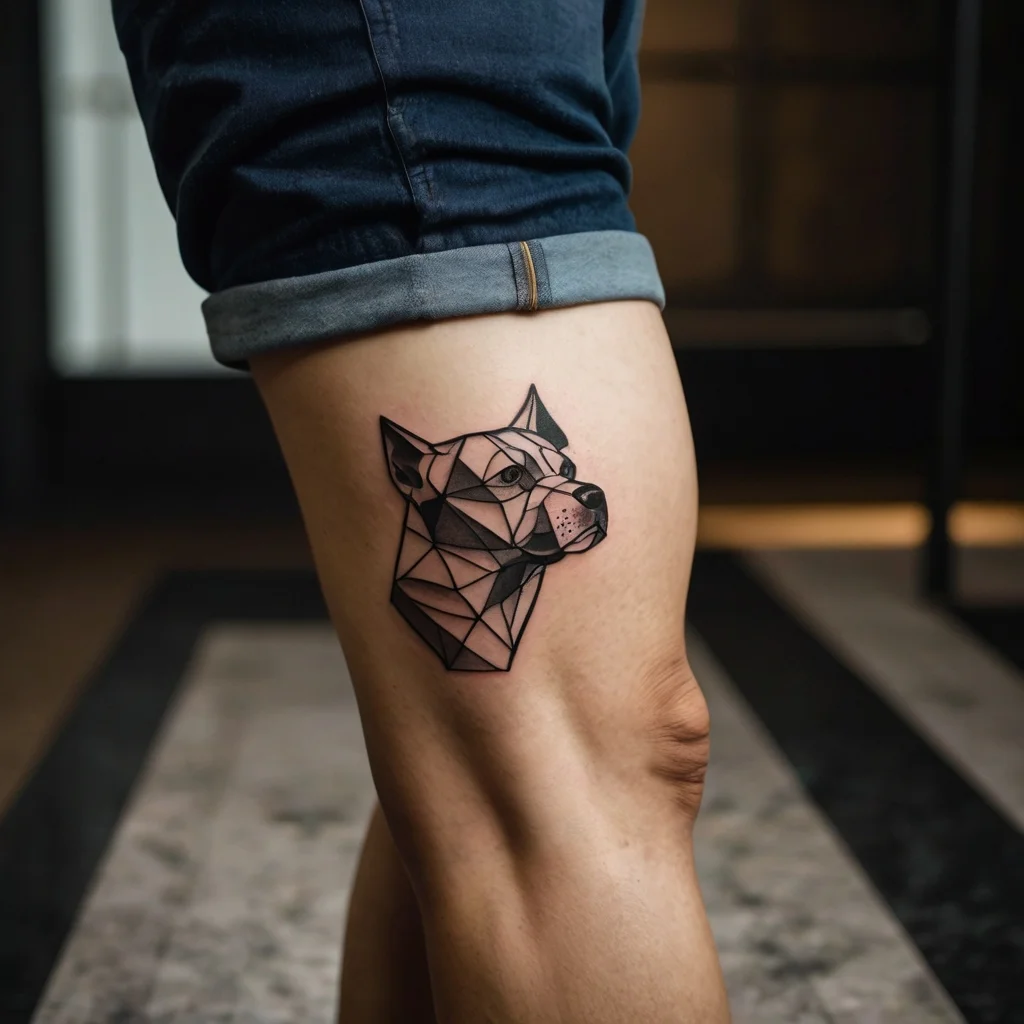 Geometric dog tattoo on thigh with angular black lines forming the head, blending realism with abstract design.