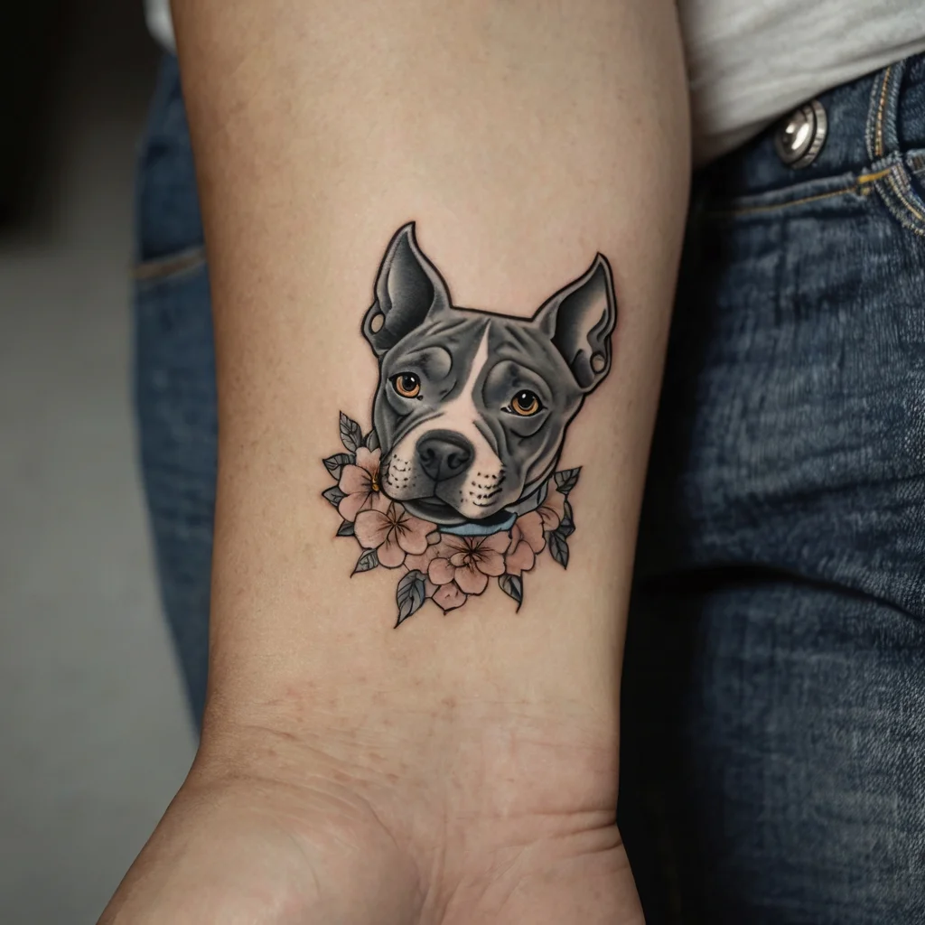 Tattoo of a gray and white dog with expressive eyes, surrounded by pink flowers on an arm.