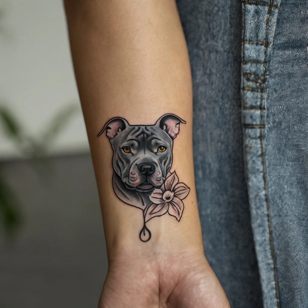 Tattoo of a realistic gray pit bull face with amber eyes, adorned with a delicate pink flower on the wrist.