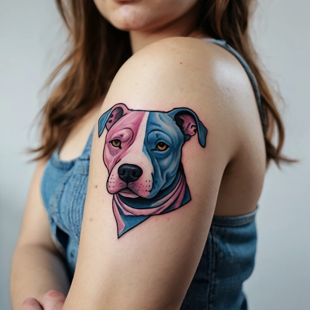 Tattoo of a dog on the upper arm, featuring a split pink and blue color design, showcasing a playful and artistic style.