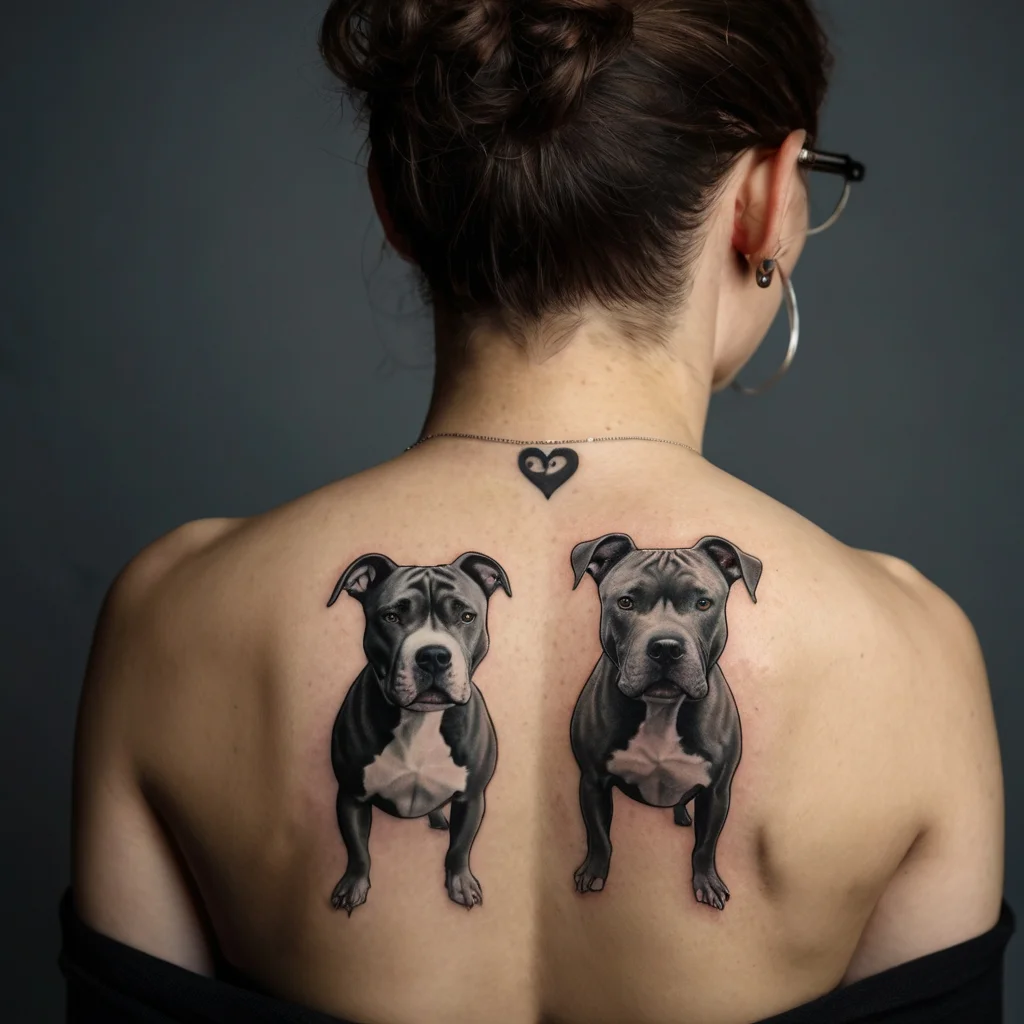 Two realistic black and grey pit bull tattoos on the woman's upper back, with a small abstract heart above.