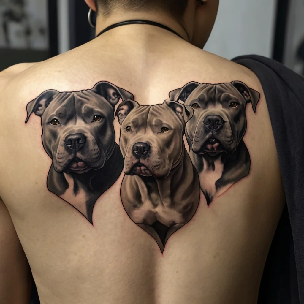 Realistic tattoo of three pit bull heads on the back, featuring detailed shading and depth with a soft color palette.