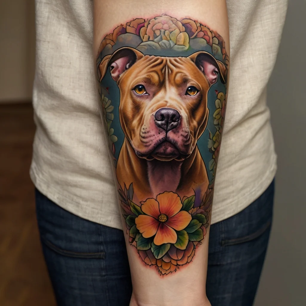 Realistic dog portrait on forearm, framed by vibrant flowers and foliage, highlighting depth and detail.