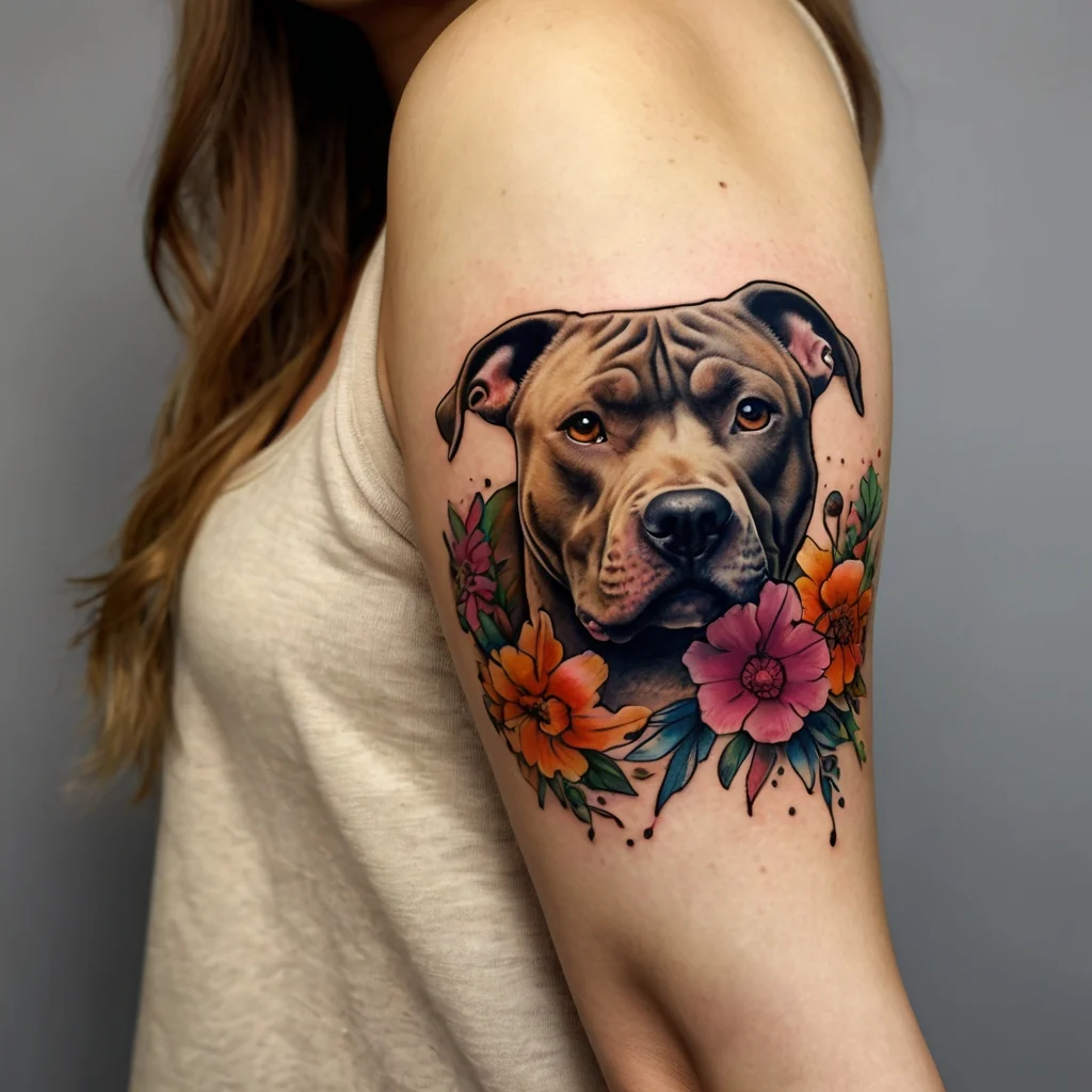 Realistic dog portrait tattoo with vibrant orange and pink flowers, nestled on an upper arm, blending nature and art.