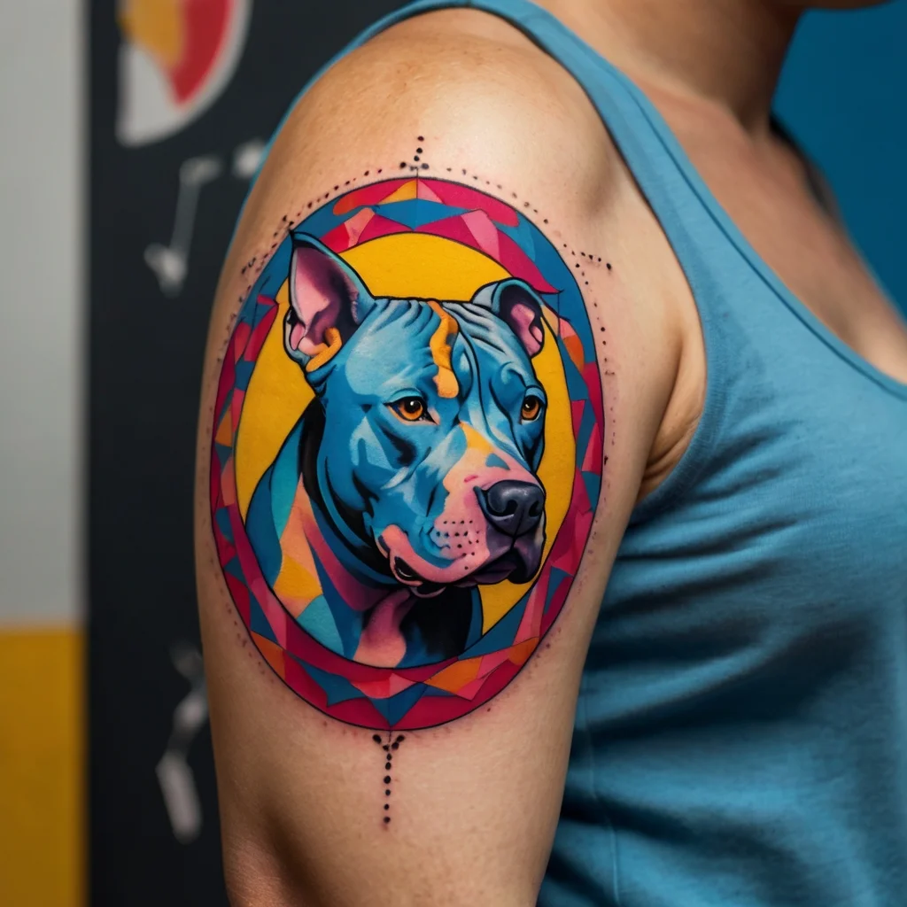 Colorful dog tattoo on upper arm, featuring a geometric border with vibrant blues, pinks, and yellows.