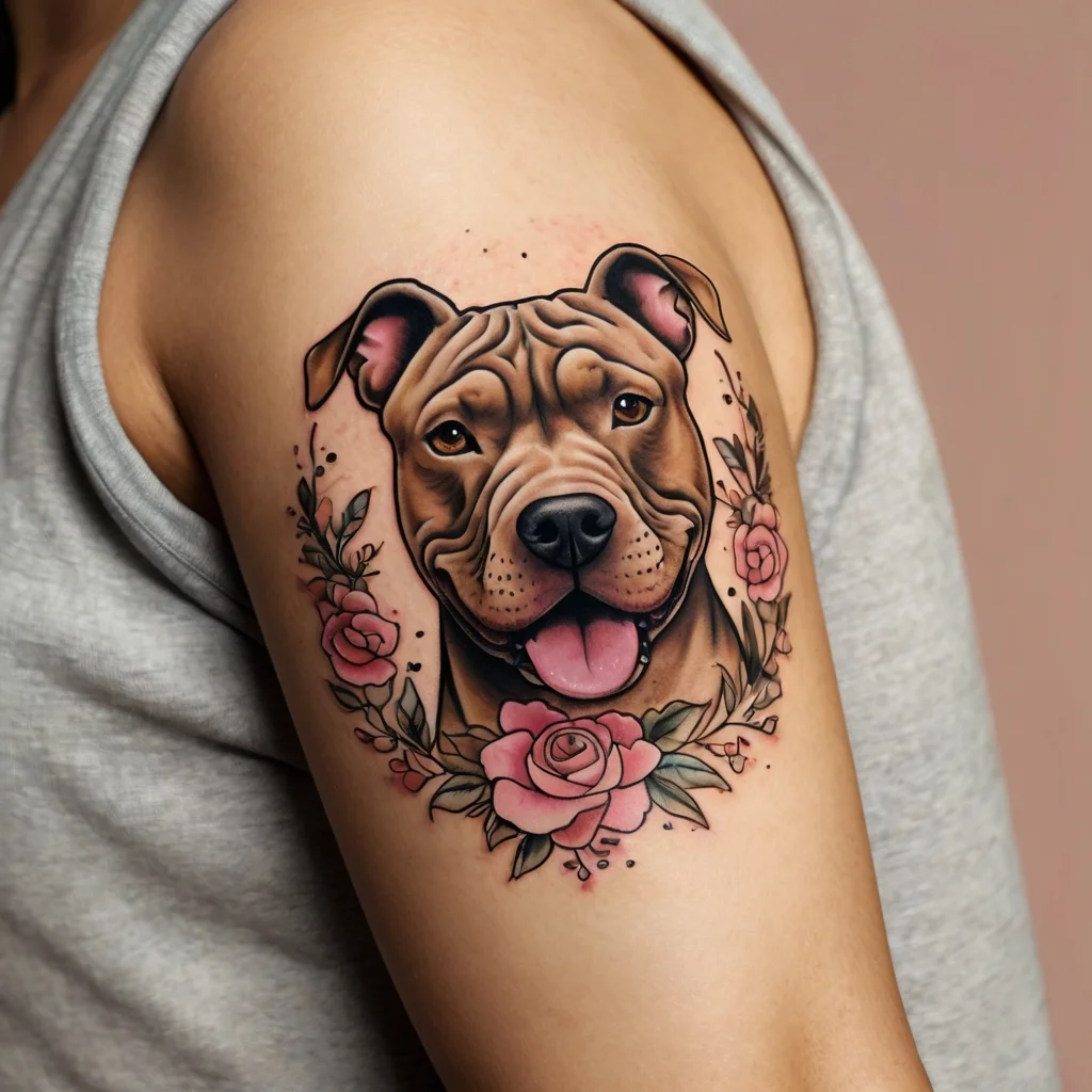 Pitbull portrait tattoo with realistic detail, surrounded by vibrant pink roses and green leaves, on upper arm.