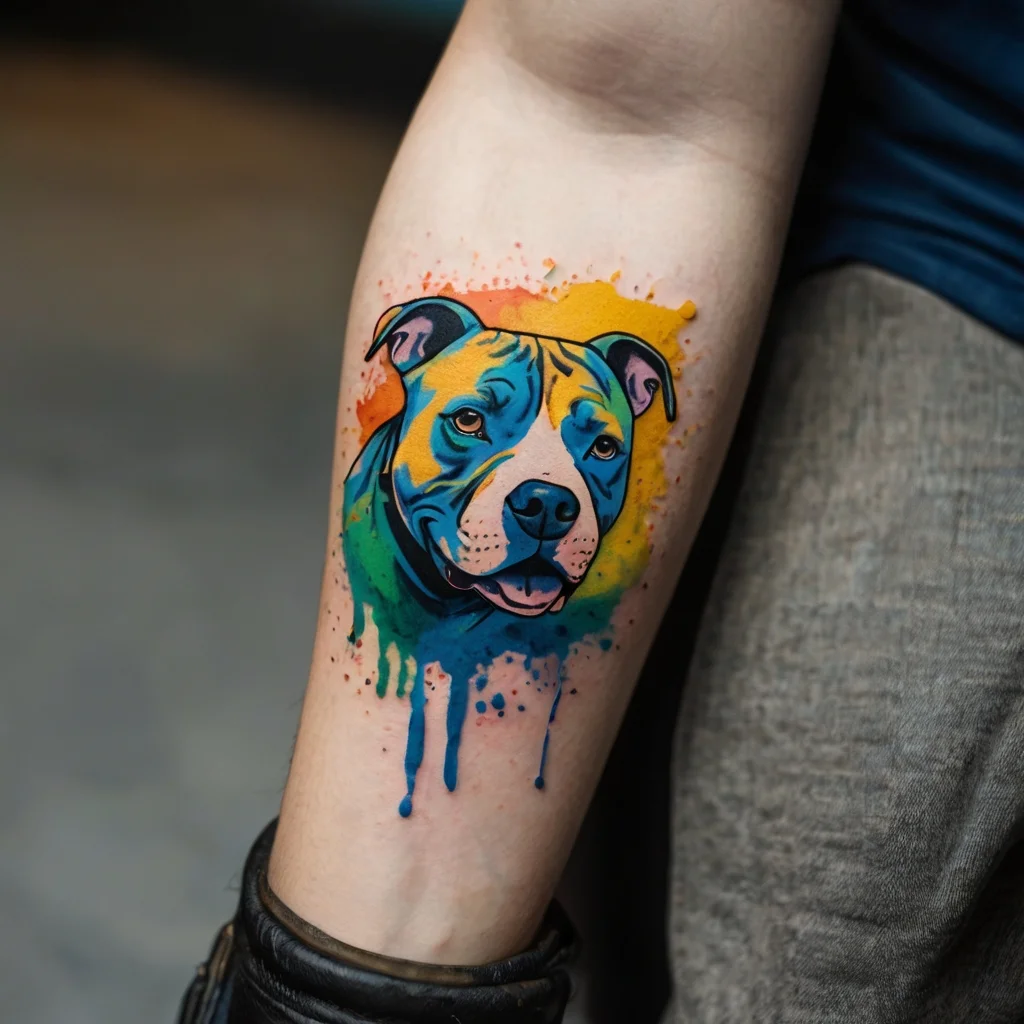 Colorful watercolor-style tattoo of a dog's head with vibrant splashes of blue, yellow, orange, and green on the forearm.