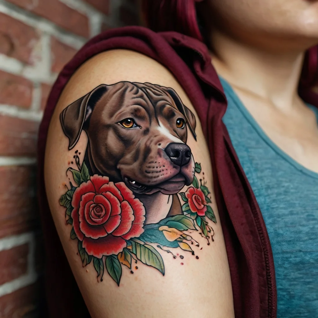 Realistic dog portrait with vibrant red roses on the upper arm. The design blends lifelike details with vivid colors.