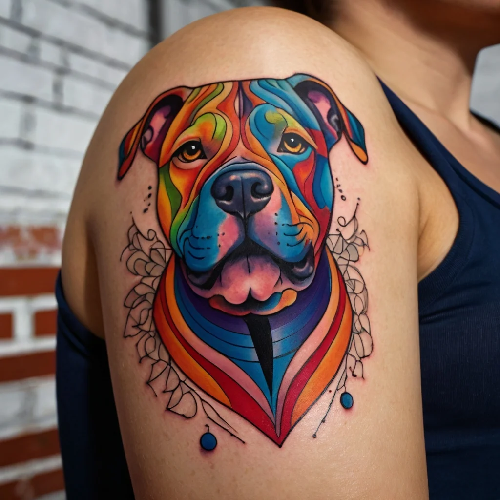 Tattoo of a colorful, geometric-style dog portrait on the shoulder, featuring bold lines and vibrant hues.