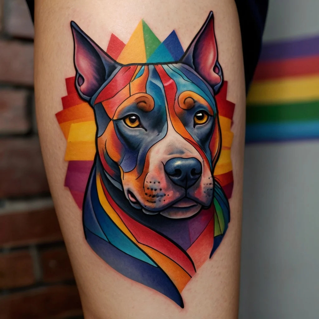 Colorful geometric dog tattoo featuring vibrant rainbow patterns and symmetrical shapes on a person's skin.