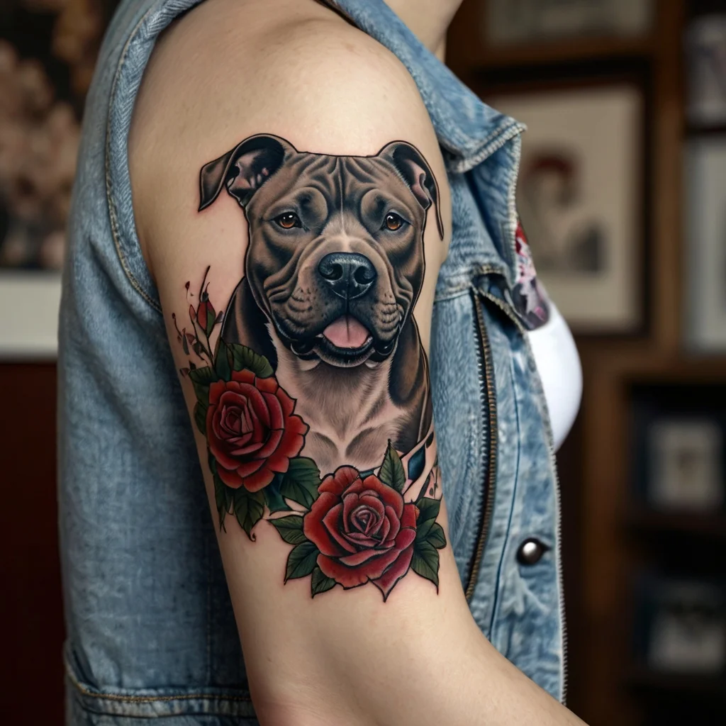 Tattoo of a realistic dog's face surrounded by vibrant red roses with green leaves on the upper arm.