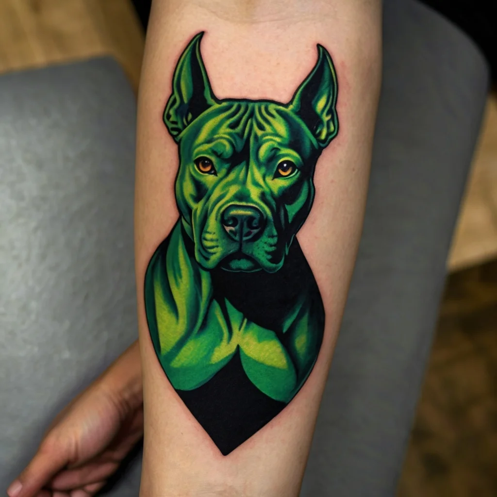 Tattoo of a stylized green dog head with vibrant shading and detail, creating a striking, bold look on the arm.