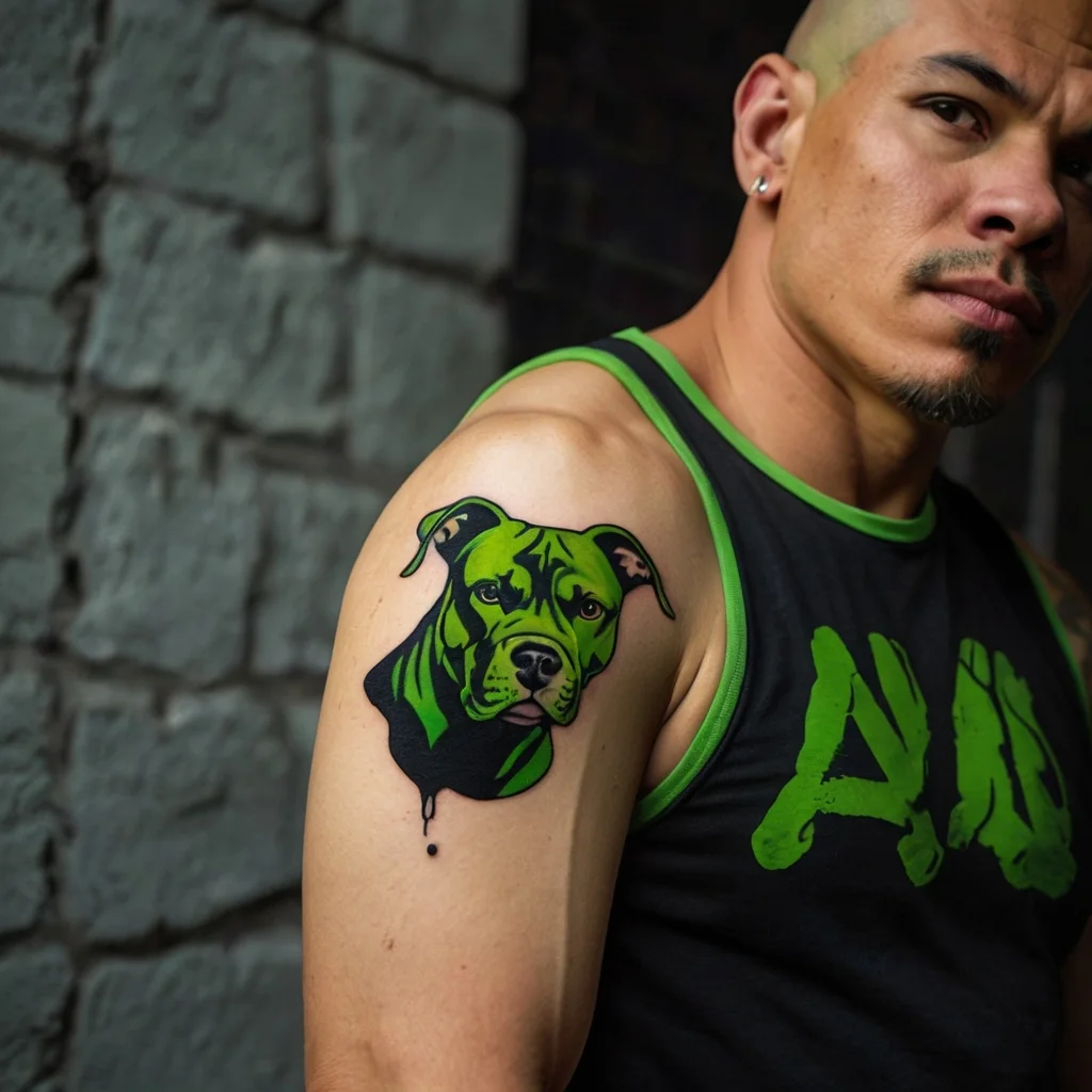 Colorful green dog tattoo on arm, blending realism and abstract art with bold outlines and dripping effect.