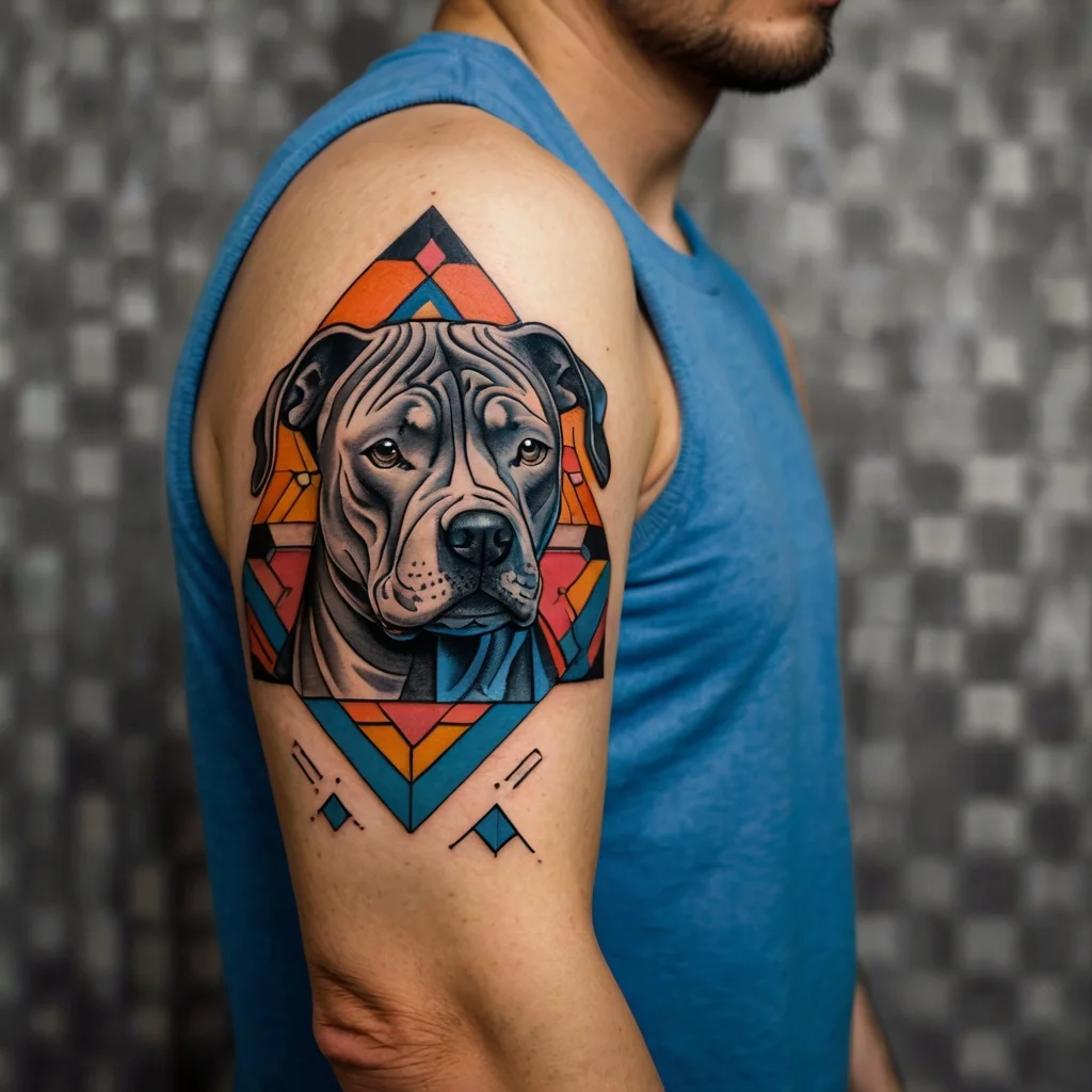 Tattoo of a dog's face in black and gray, set in geometric patterns of red, orange, and blue on upper arm.