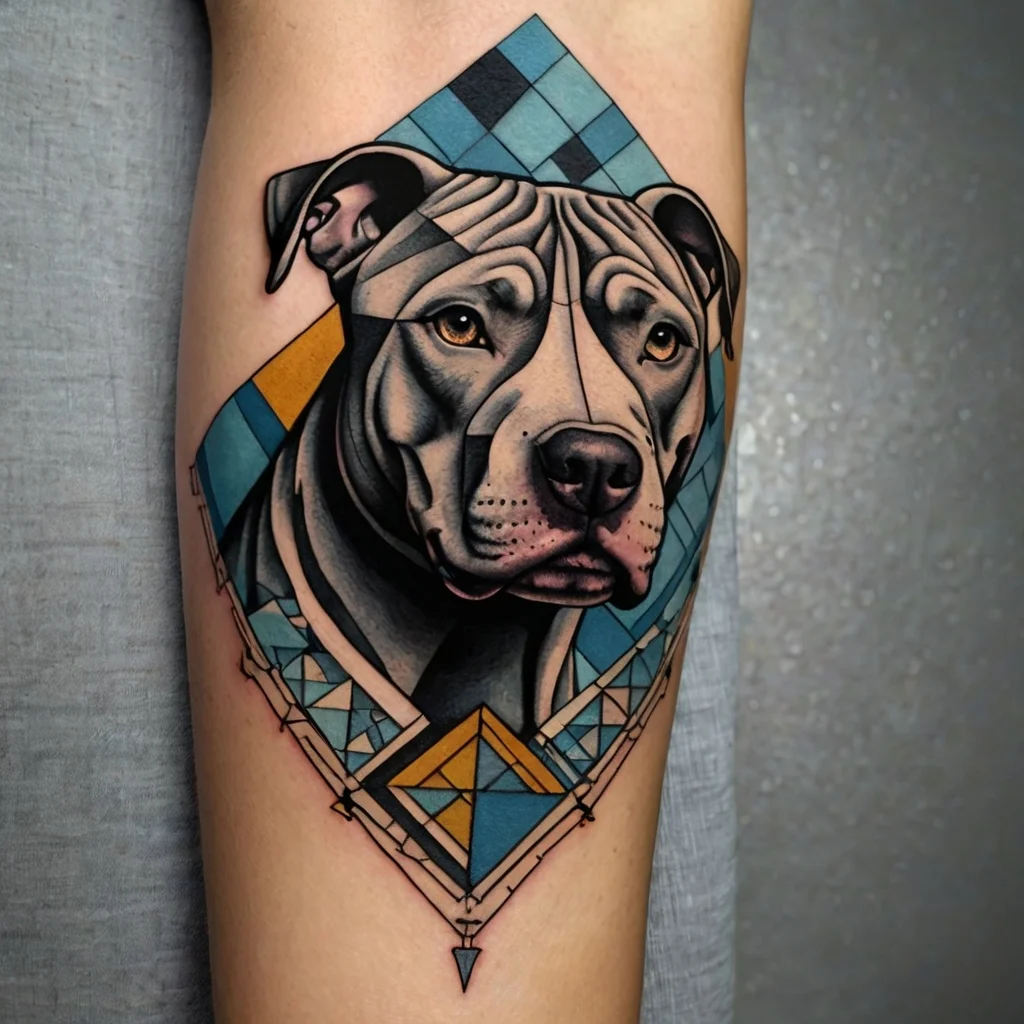 Tattoo of a realistic dog portrait framed by geometric shapes in blue, black, and gold hues; intricate and vibrant.