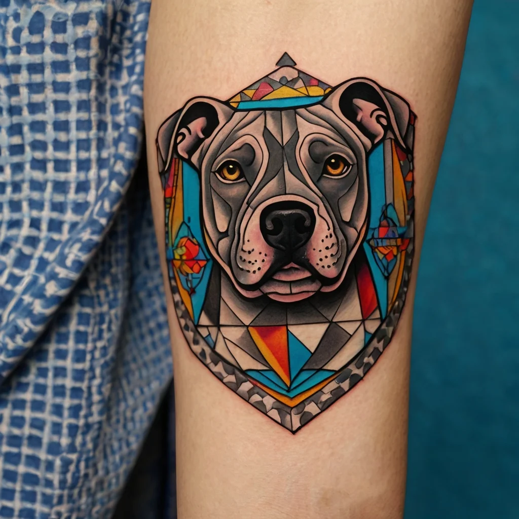 Geometric dog tattoo with vibrant colors, featuring angular shapes in blues, oranges, and grays for a stained glass effect.