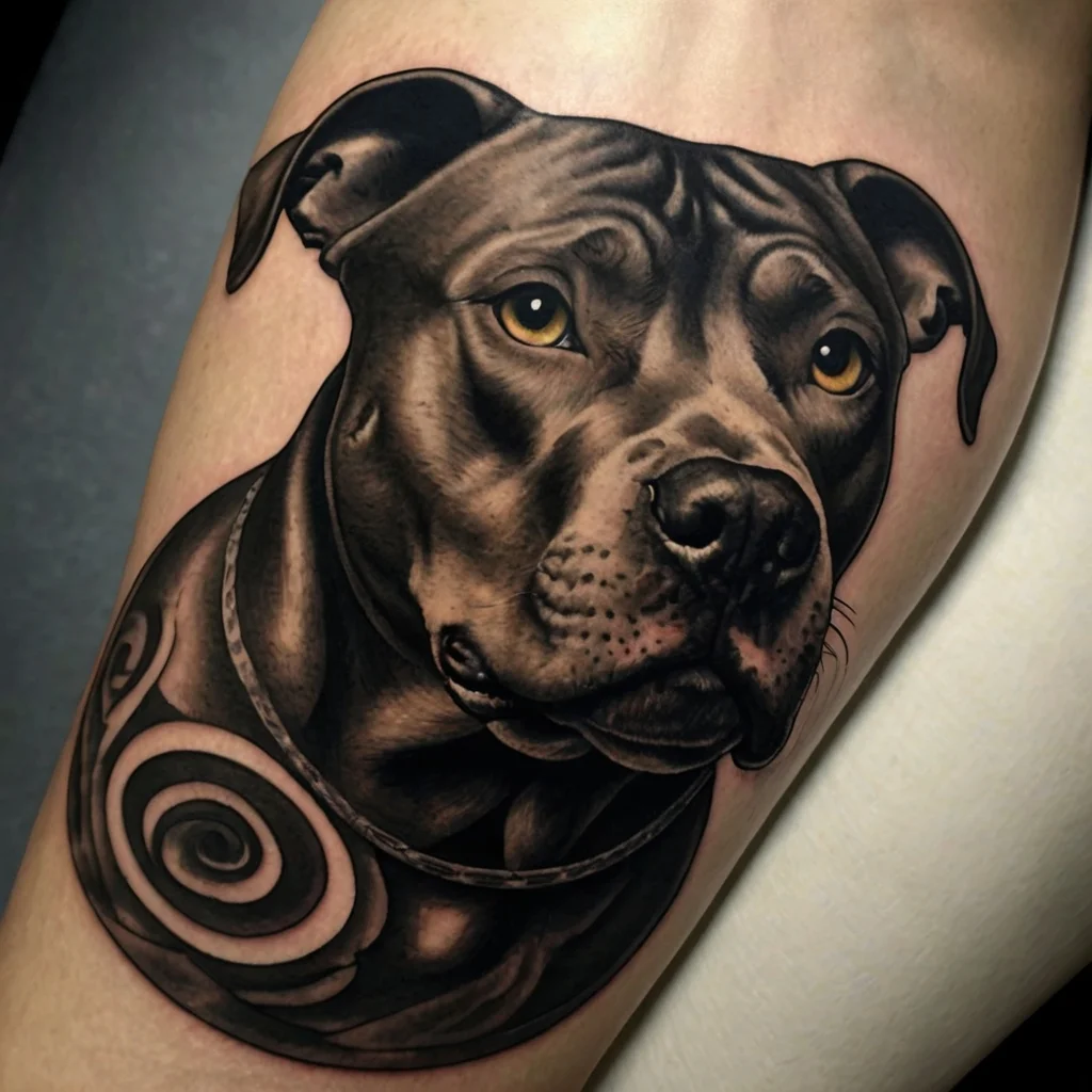 Realistic black and gray tattoo of a dog's face with intricate swirl patterns on its collar, showcasing vivid detail and depth.