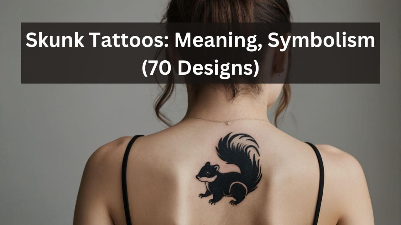 Stylized black skunk tattoo on upper back, symbolizing individuality and self-defense with bold lines and minimalist detail.