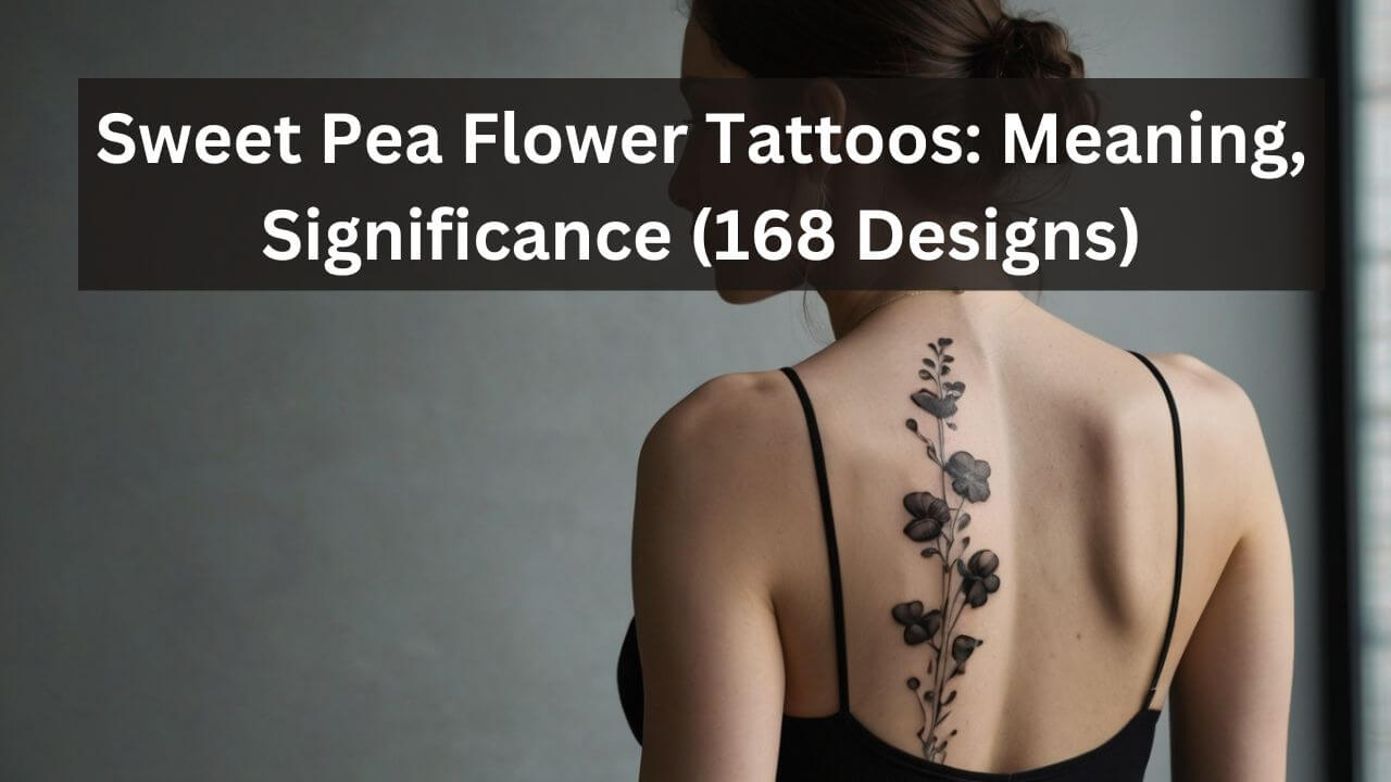 A delicate sweet pea tattoo in black ink on a woman's back, symbolizing departure, kindness, and thanks.