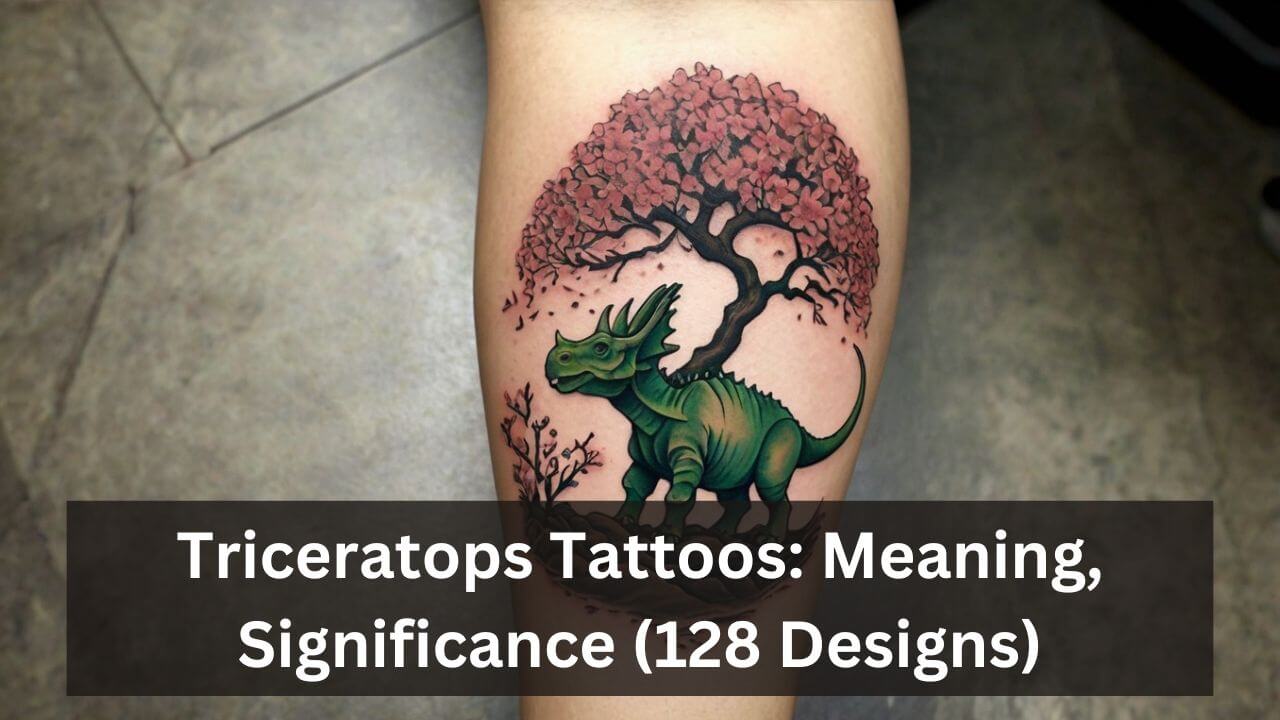 Tattoo of a green triceratops under a cherry blossom tree, symbolizing strength and tranquility.