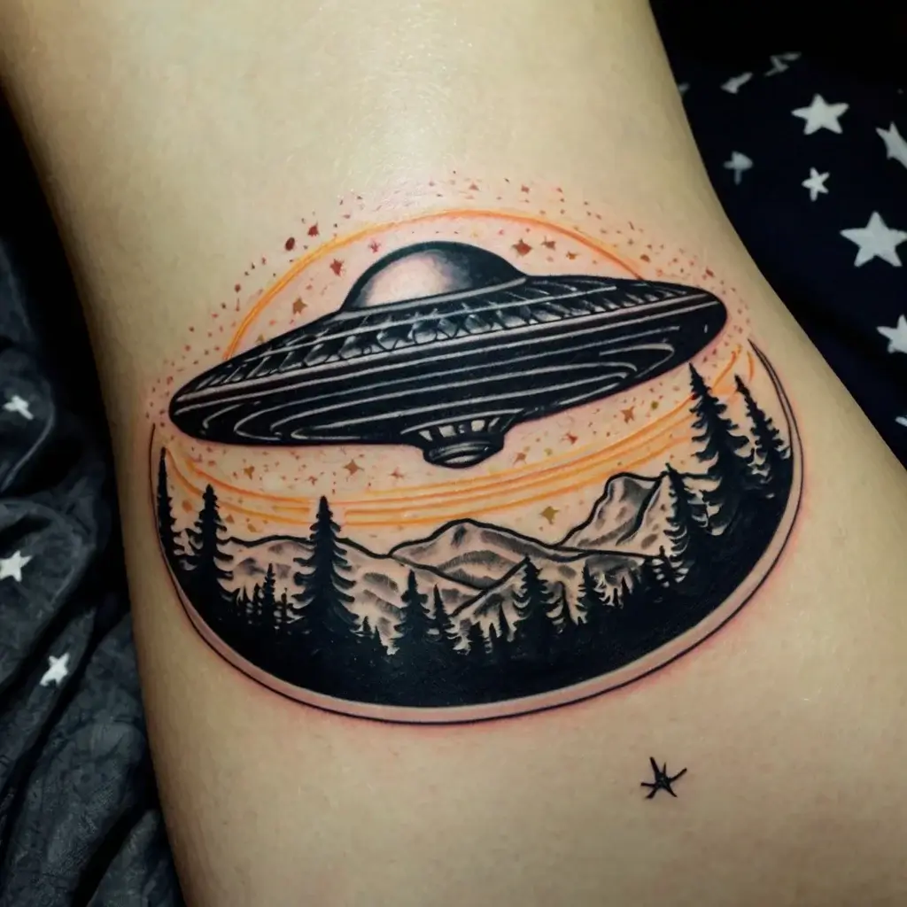 Tattoo of a UFO over mountains and pine trees, with an orange starry sky framing the scene, evoking mystery and exploration.