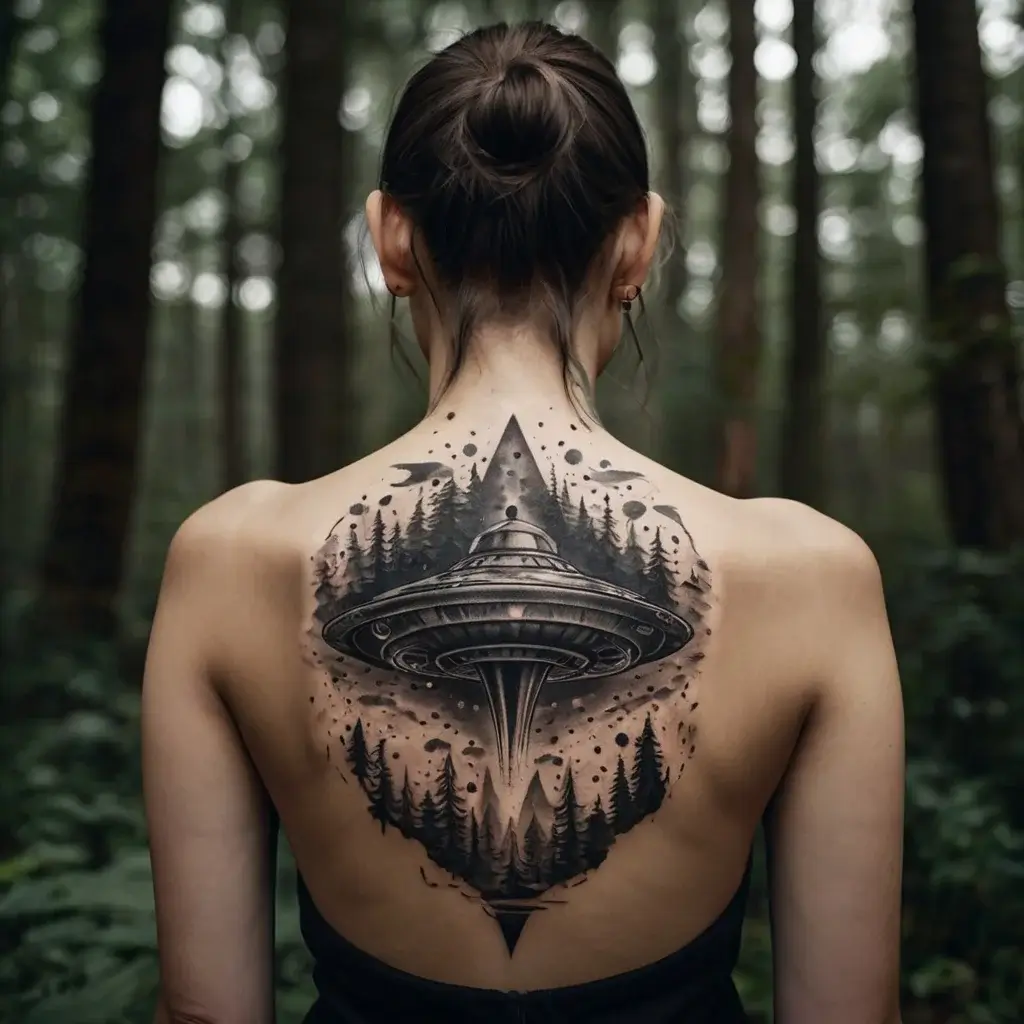 Back tattoo featuring a UFO hovering over a forest with a triangular design and celestial details, evoking mystery.