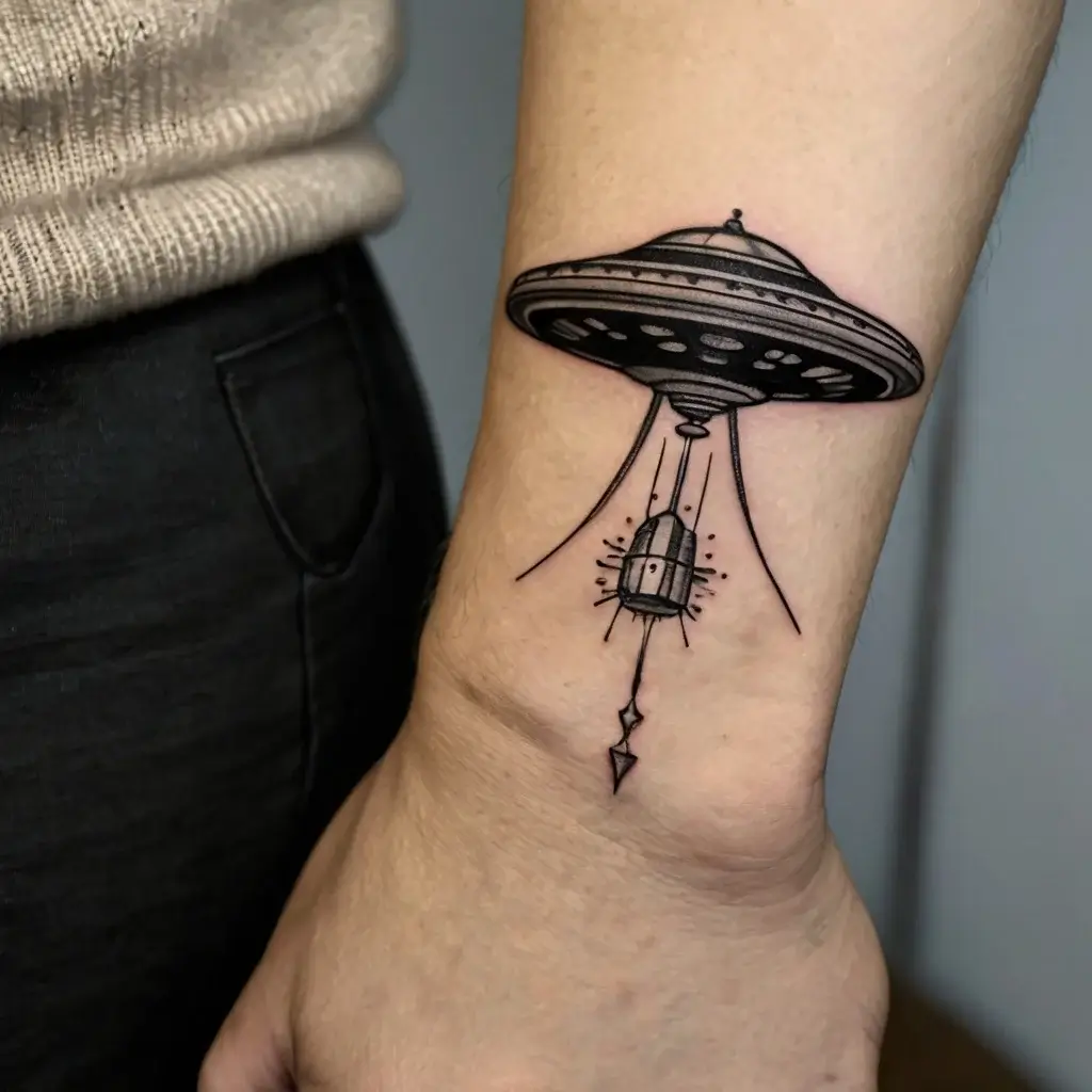 Tattoo of a UFO abducting a small house, with detailed linework and shading on a forearm. Bold and imaginative design.