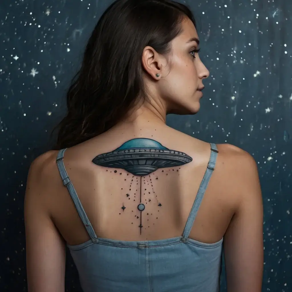 UFO tattoo on back with stars and planets below, showcasing cosmic theme blending realism and minimalist design.