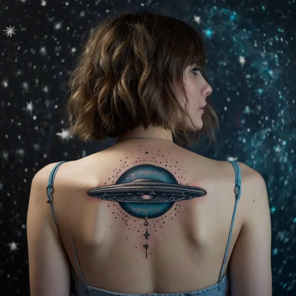 Tattoo of a UFO hovering over a galaxy, located on the upper back, with vibrant colors and detailed celestial elements.