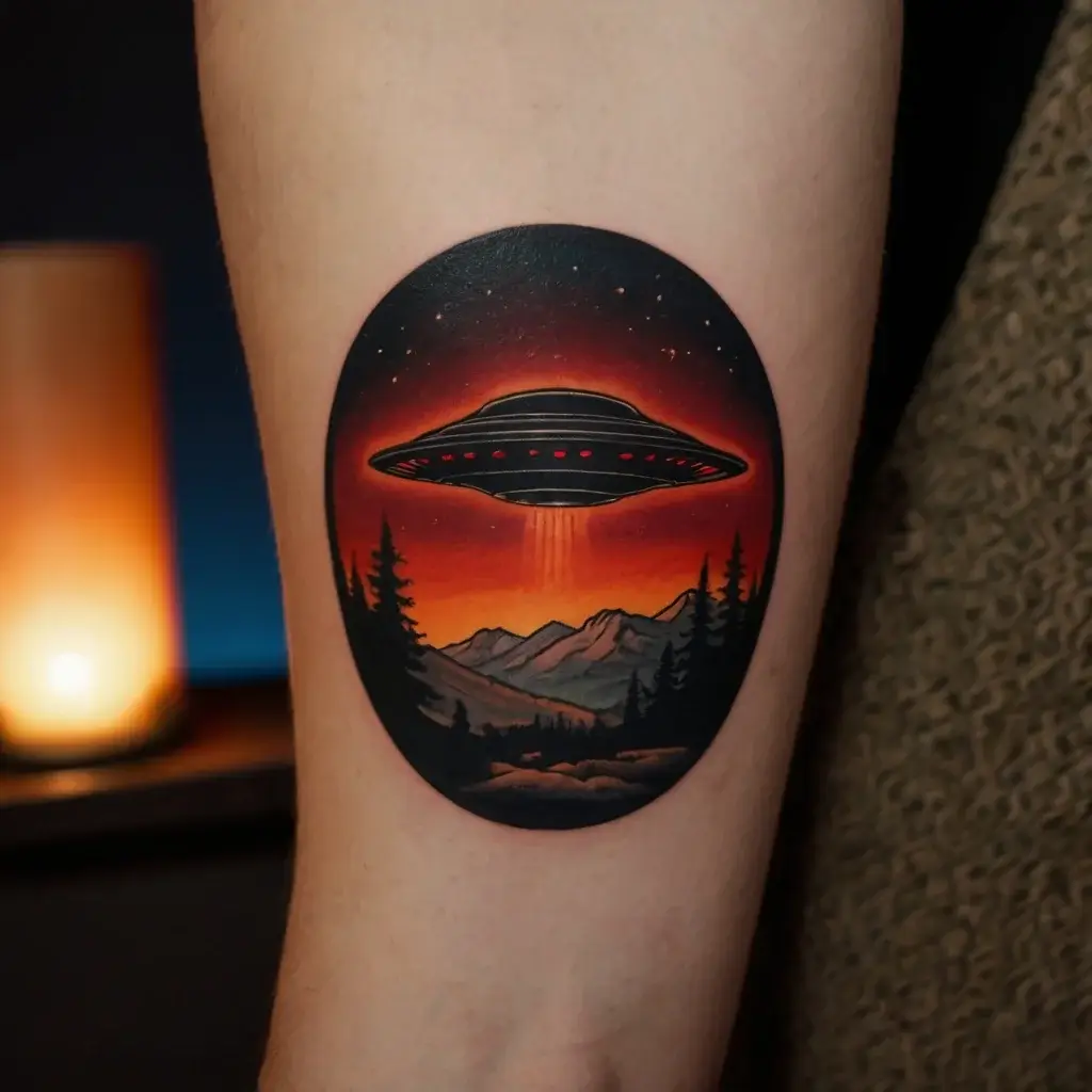 Tattoo of a UFO hovering over mountains and trees against a sunset sky, with stars and a glowing beam.