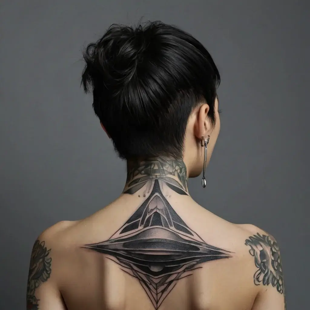 Geometric back tattoo featuring an intricate 3D diamond shape with sharp edges and shading for a dynamic effect.