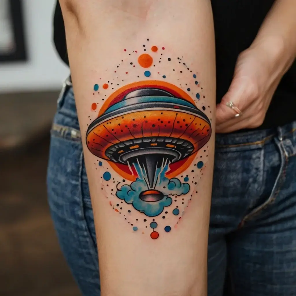 Colorful UFO tattoo with vibrant orange and blue hues, surrounded by abstract dots, depicting a dynamic cosmic scene.