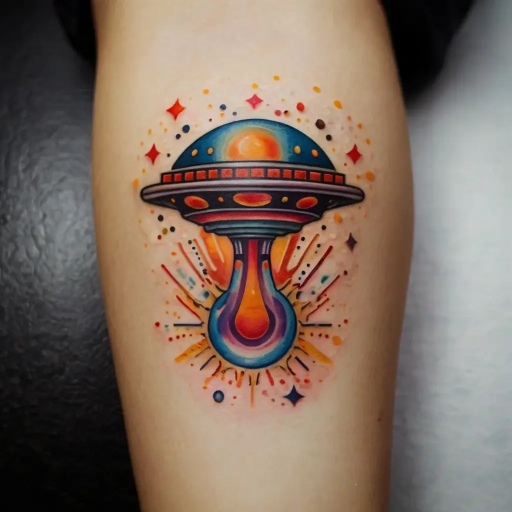 Colorful UFO tattoo with vibrant sparks and beam, featuring bold blues, oranges, and reds for a dynamic, cosmic look.