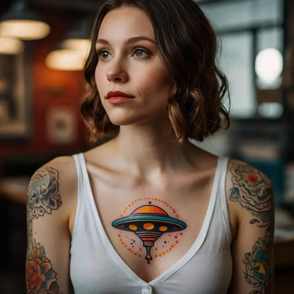 Colorful UFO tattoo on chest with orange and blue hues, surrounded by dots, between floral shoulder tattoos.