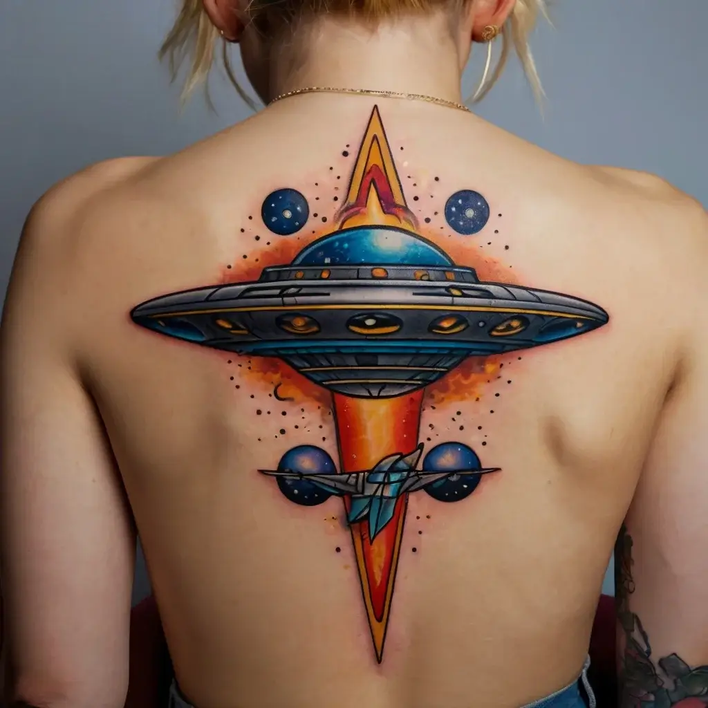 Colorful UFO tattoo on back, featuring a spaceship with planets and stars, emitting orange beams; sci-fi themed art.