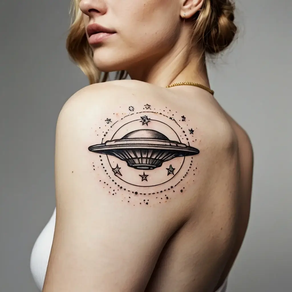 Tattoo of a UFO surrounded by stars and dots on the shoulder, blending cosmic and extraterrestrial themes.