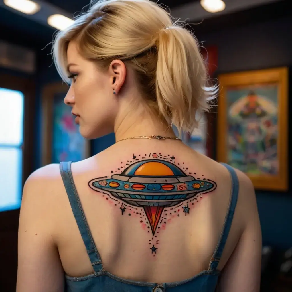 Colorful UFO tattoo on upper back with vibrant planets and stars, emphasizing a playful cosmic theme.