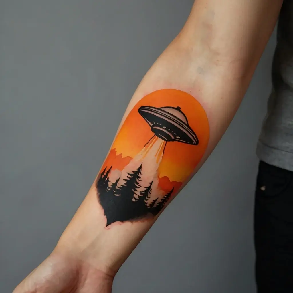 Tattoo of a UFO beaming light over pine trees, set against an orange sunset background on the forearm.