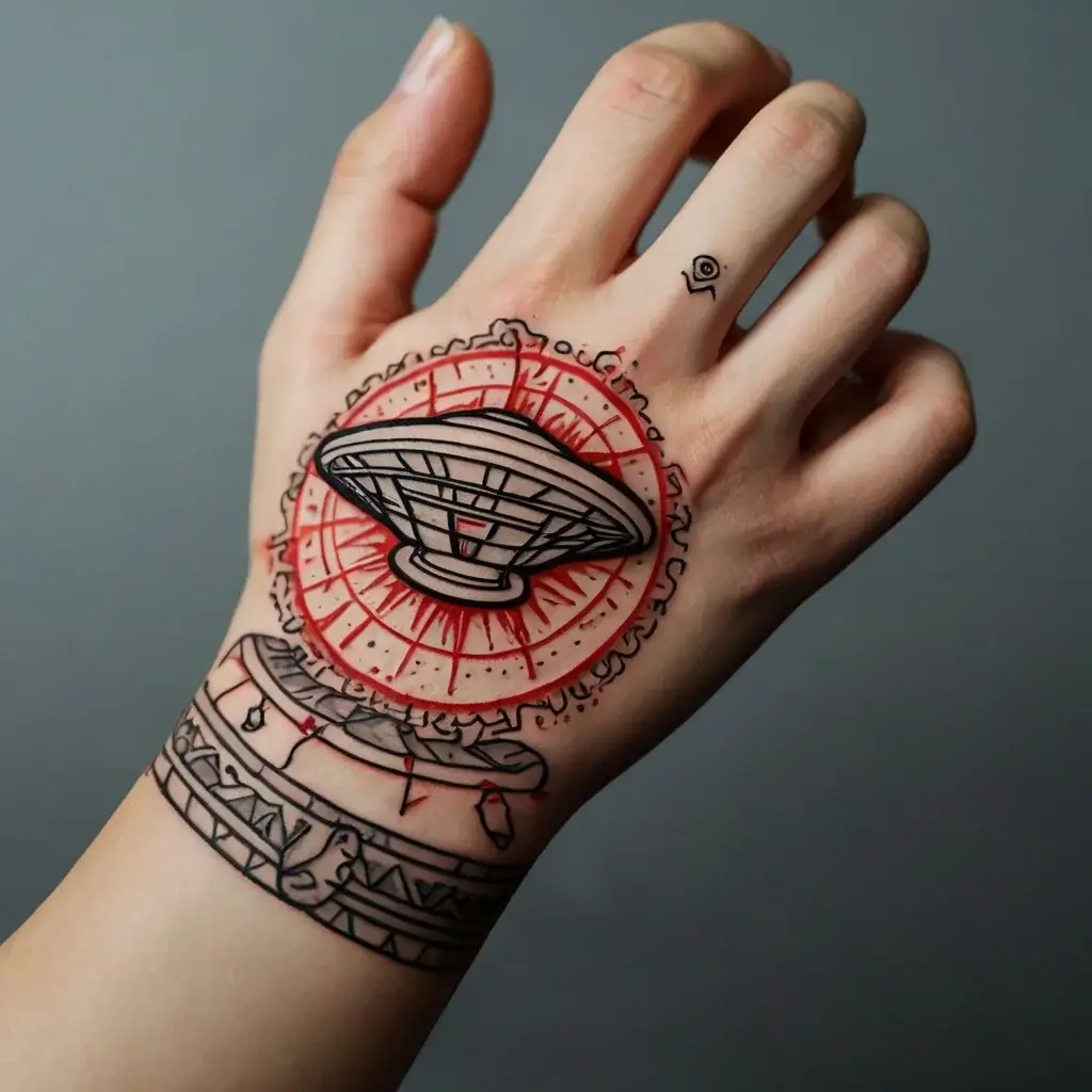 Hand tattoo depicts a stylized flying saucer over a compass with tribal elements. Small eye symbol on the finger.