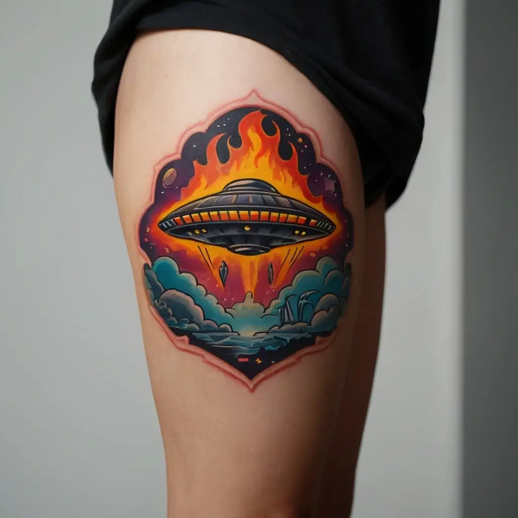 Colorful UFO tattoo with flames, cosmic background, and clouds, highlighting sci-fi and surreal themes on the thigh.