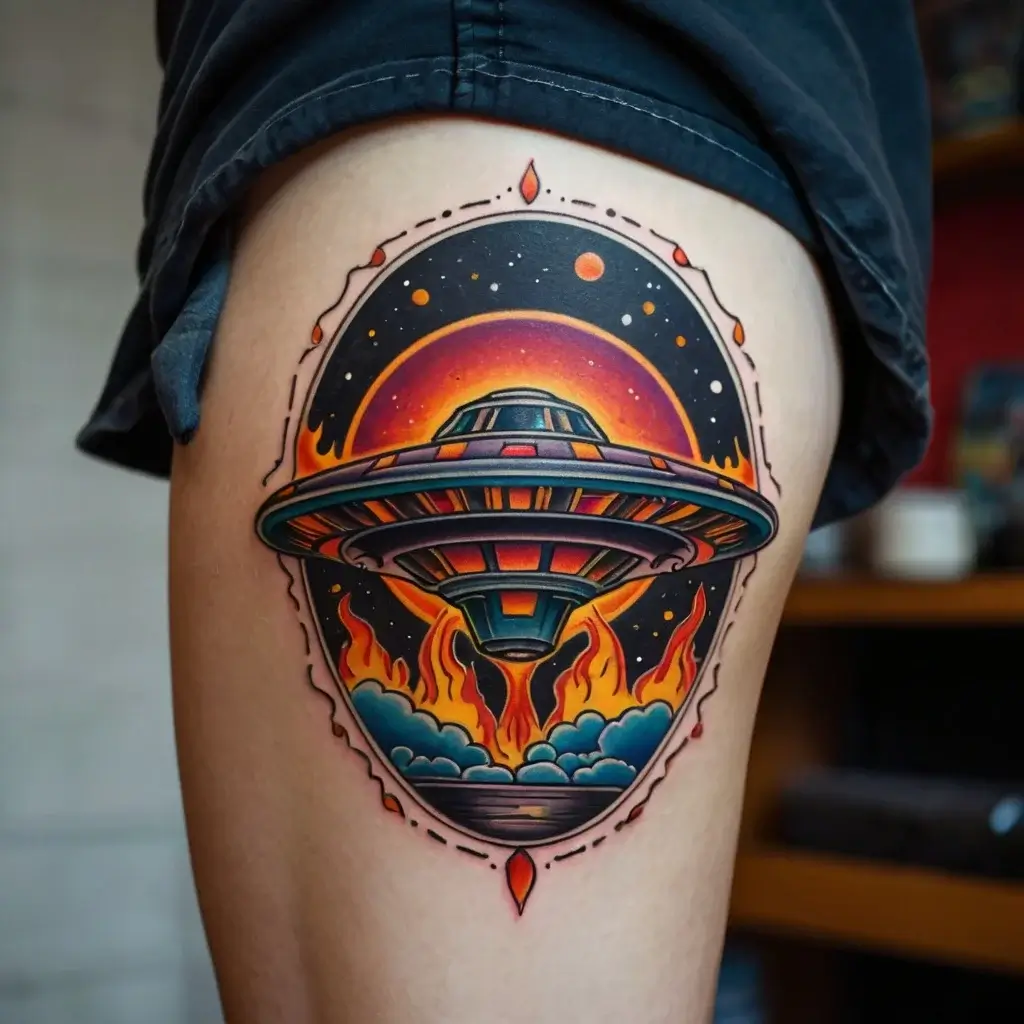 Vibrant UFO tattoo with fiery colors, depicting a spaceship in space against a burning sunset background.