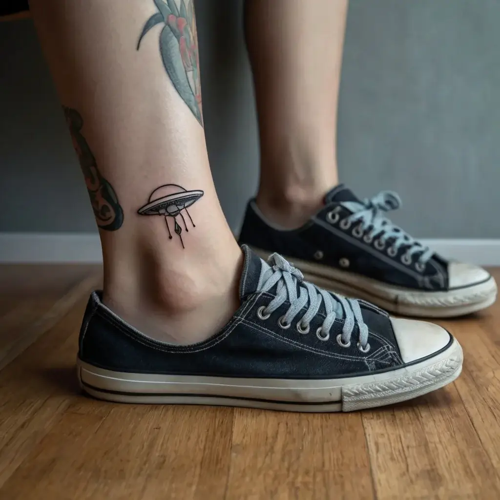 Minimalist UFO tattoo on the ankle, featuring a simple saucer design with beams extending downward.